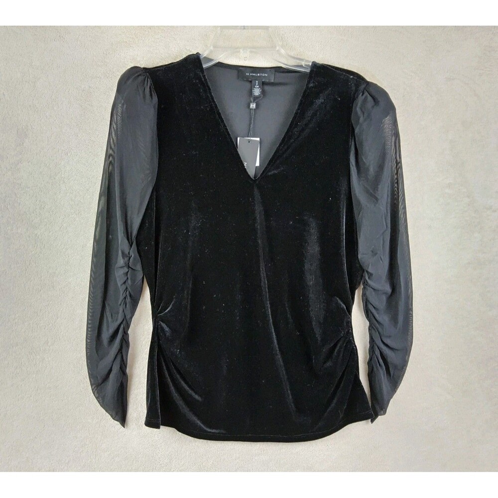 H Halston Women's Sheer Sleeve V Neck Side Tapered Velvet Top Size S